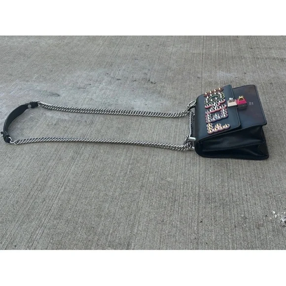Pre owned Fendi small Black Studded Logo Kan I Leather Crossbody Bag Multi Color - Picture 7 of 8